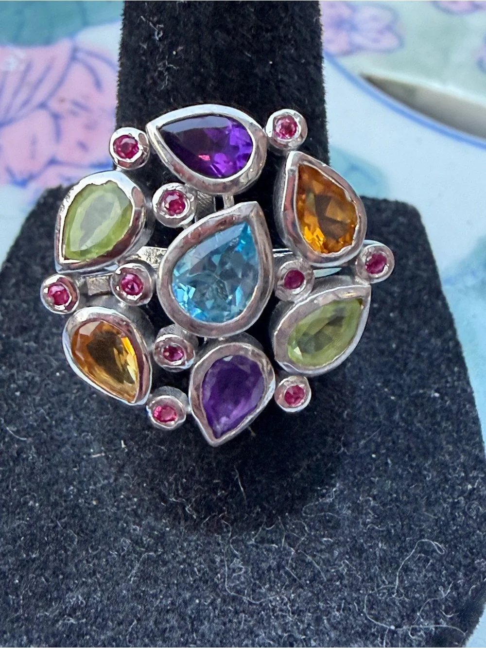 Vamijewells Natural Multi-Gemstone 925 Sterling Silver Statement Ring
